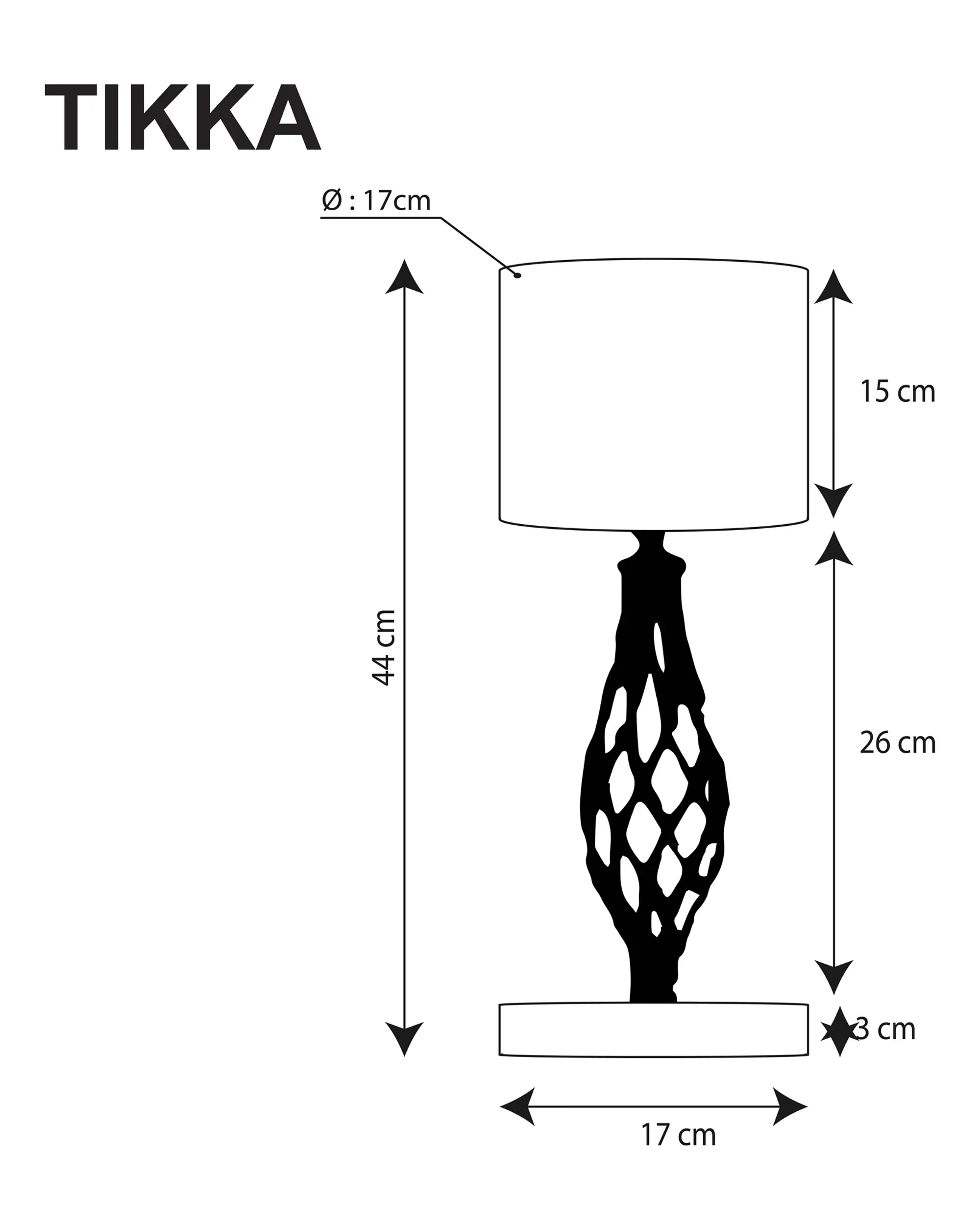 TIKKA Cam 44 cm Bakir Eskitme Govde ahşap masa lambası teknik ölçü çizimi
