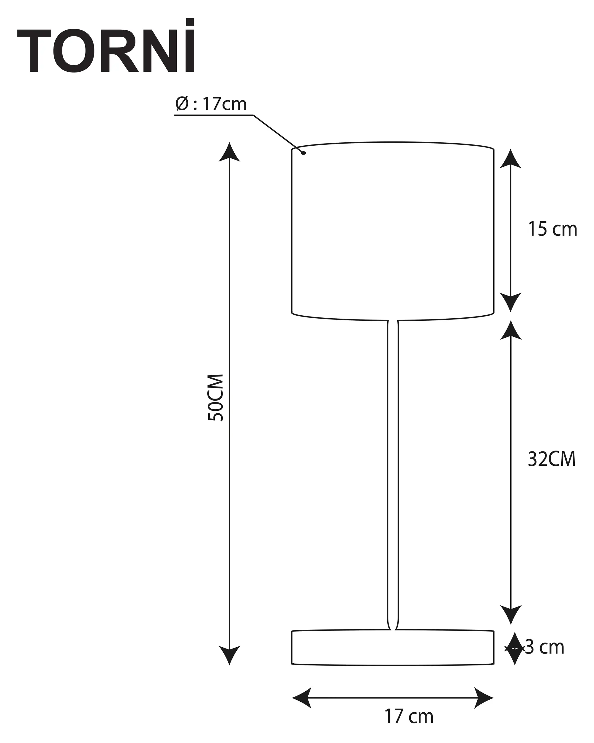TORNI Cam 50 cm Pirinc Ayak ahşap masa lambası teknik ölçü çizimi